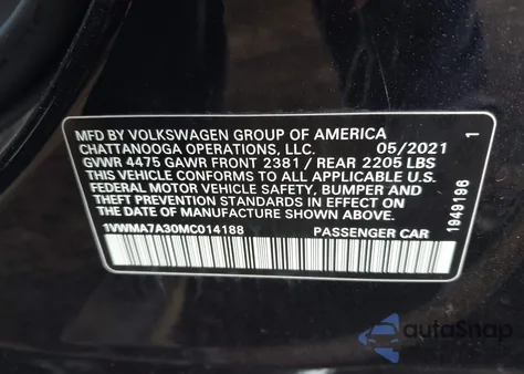 2021 Volkswagen Passat 2.0T R-Line z USA, uszkodzony, nr VIN 1VWMA7A30MC014188